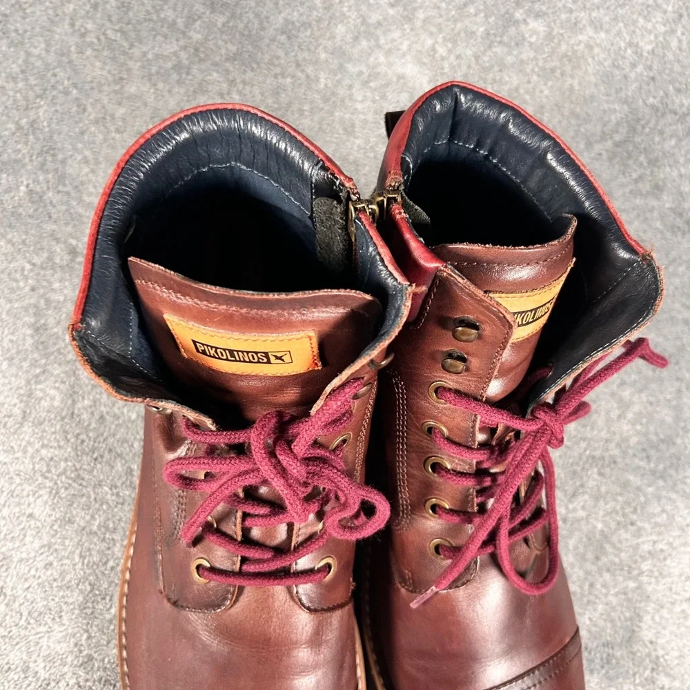 Pikolinos York Boots Brown Cognac Leather Burgundy Red Side Zip Mens 8 EU 41